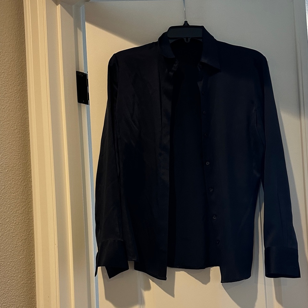 Ann Taylor navy silk button down blouse
